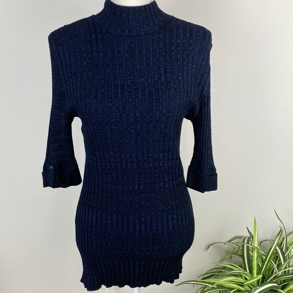 Style & Co Size M Sweater Dark Blue Black Marbled Ribbed Pullover Turtleneck EUC - Picture 3 of 11